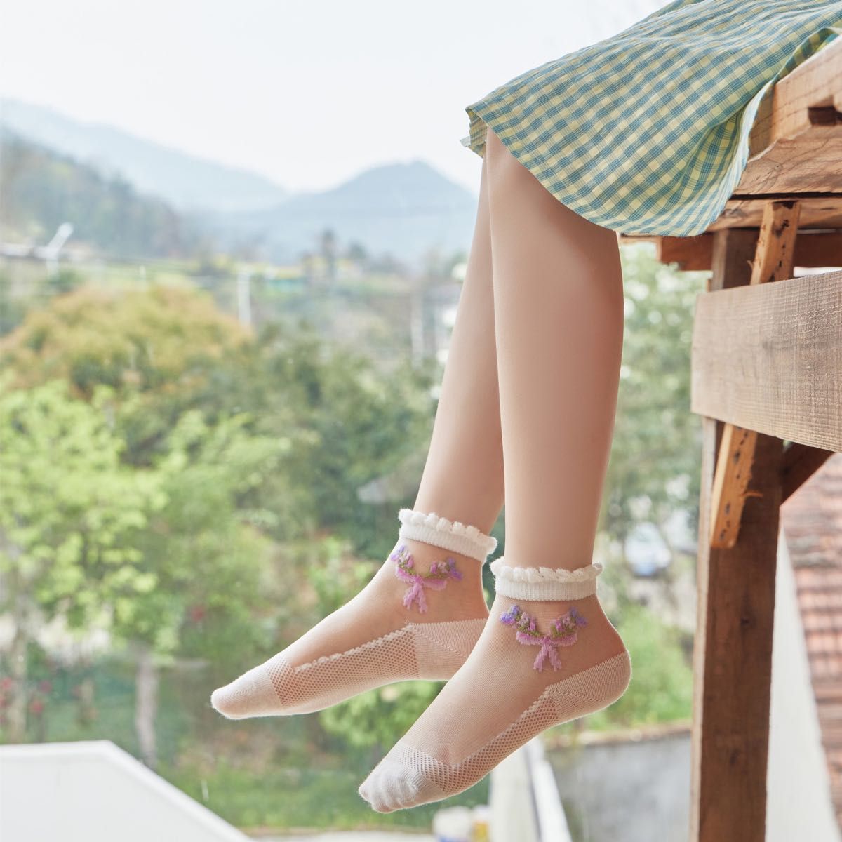 女の子　キッズソックス　靴下　可愛い　くつした　子供靴下　夏　可愛い パープル　シースルー　M 15~17  5足セット　新品