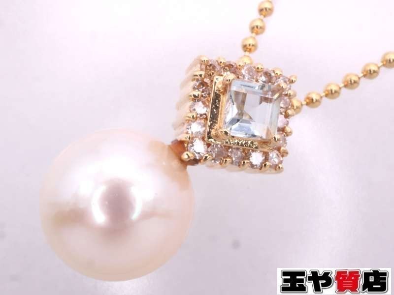 超熱 パール 9ミリ アクアマリン ダイヤ0.13ct デザイン ペンダント ネックレス K18YG イエローゴールド その他 超熱 パール 9ミリ アクアマリン ダイヤ0.13ct デザイン ペンダント ネックレス K18YG イエローゴールド その他