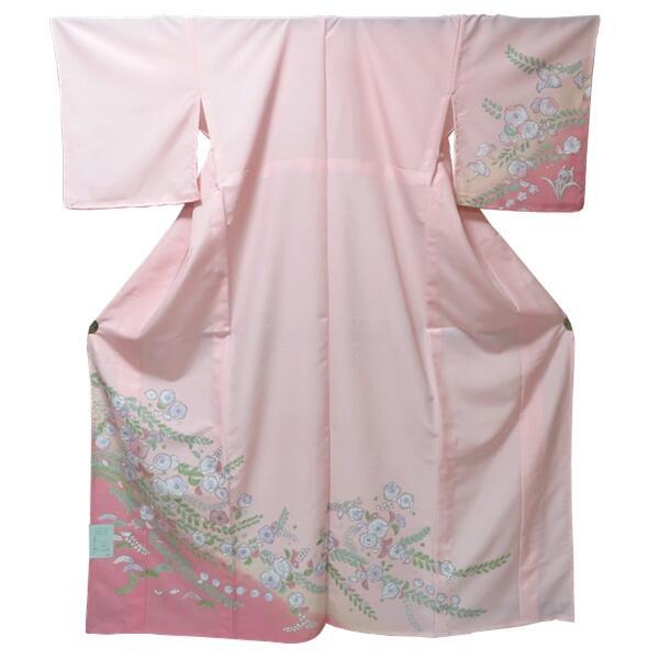 【日本製】仕立上り 単衣付下げ モダンな花柄（ピンク色）（066）洗える ポリエステル