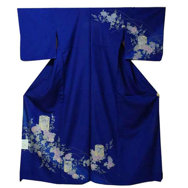 【日本製】仕立上り 単衣付下げ 渋い菊の花（群青色）（090）洗える ポリエステル