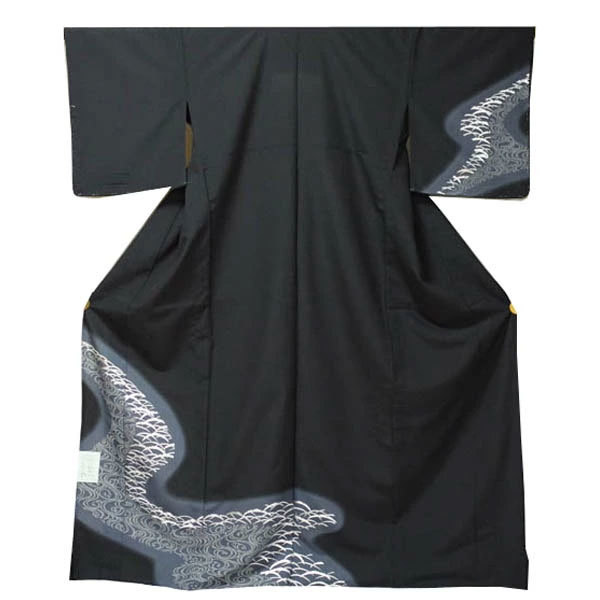 【日本製】仕立上り 単衣付下げ シルバー観世水柄（黒）（102）洗える ポリエステル