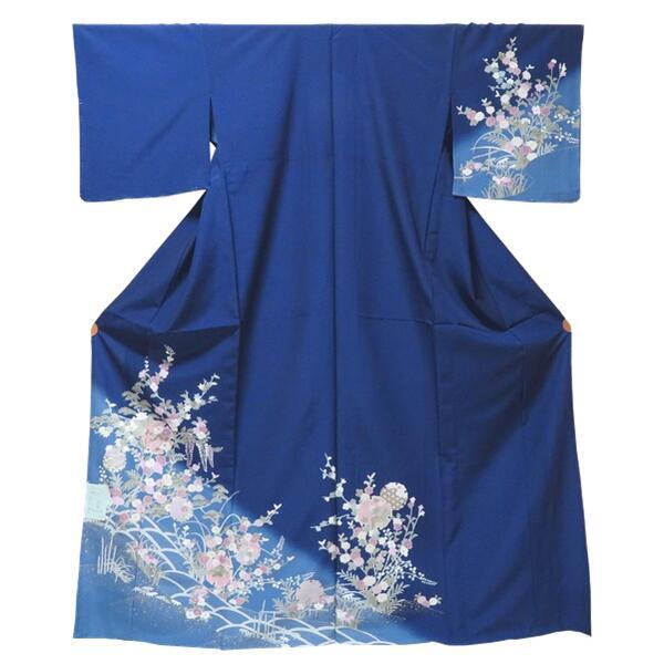 【日本製】仕立上り 単衣付下げ 藤や小菊など色々な花（群青色）（127）洗える ポリエステル