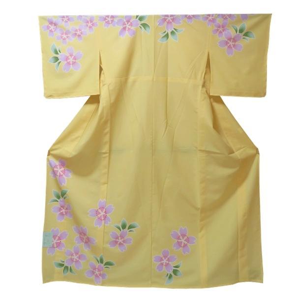 まとめ買いでお得 【日本製】仕立上り 単衣付下げ ポリエステル 大きな花柄（黄色）（129）洗える 付下げ