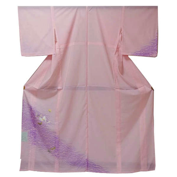 【日本製】仕立上り 絽付下げ 舞う蝶々（ピンク色）（074）洗える ポリエステル