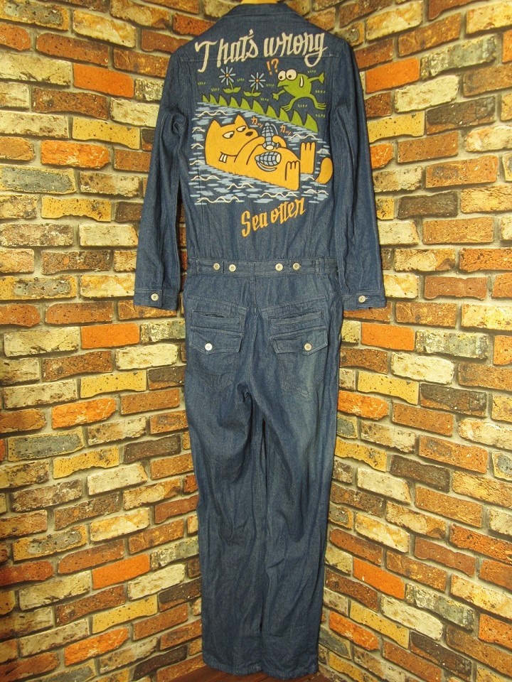  Denim long sleeve coverall height long tight thin Silhouette sea otter frog back paint blue remake old clothes Kahakupaint pine hill ..