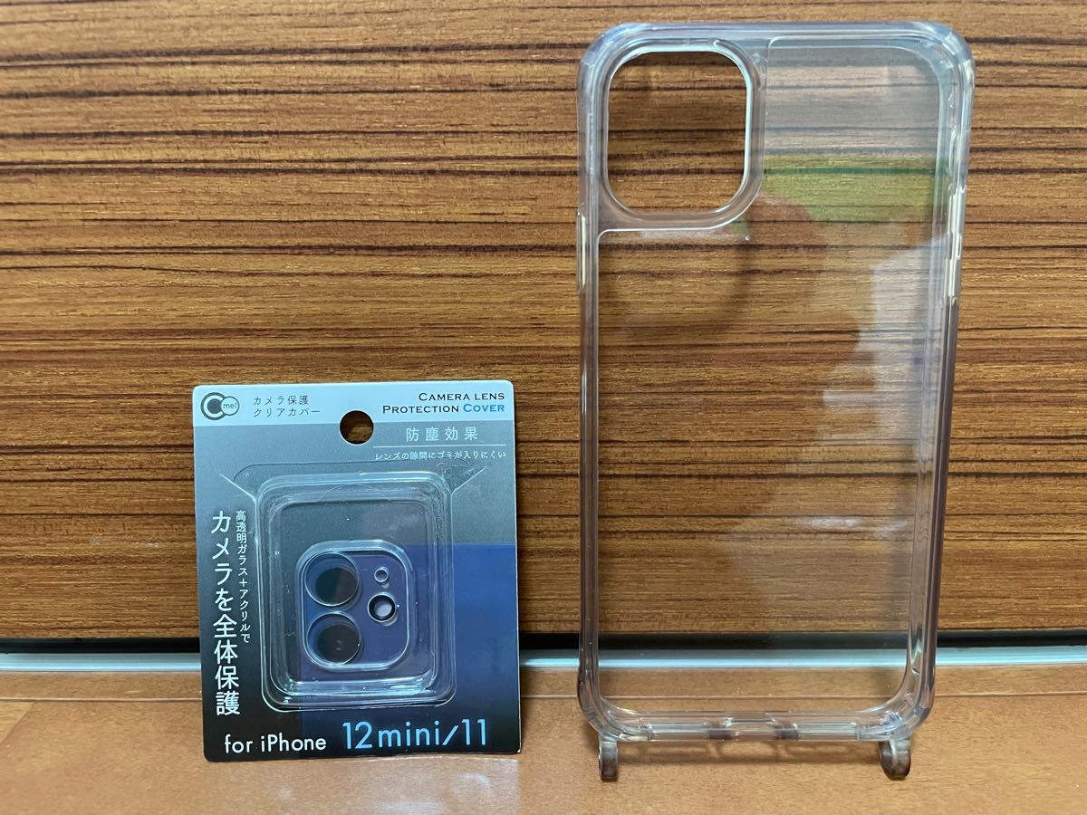 iPhone11用 紐通し付きクリアケース カメラ保護ガラスカバー ガラスフィルム