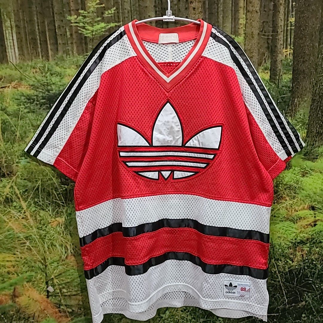 希少デザイン　80s 90s 90年代 ビンテージadidas刺繍ロゴ　メッシュシャツ　ゲームシャツ ホッケーシャツ NHL