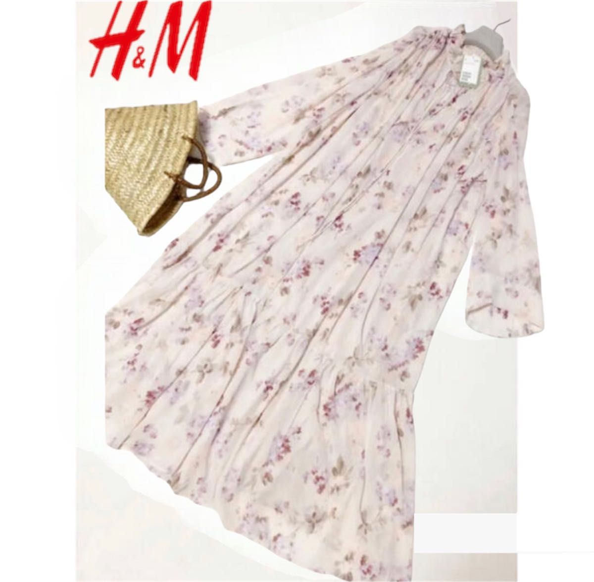 匿名配送　新品　H&M 総シフォン　ワンピース　ピンク　花柄　長袖 シャツワンピース ハンドメイド 花柄 プリントワンピース