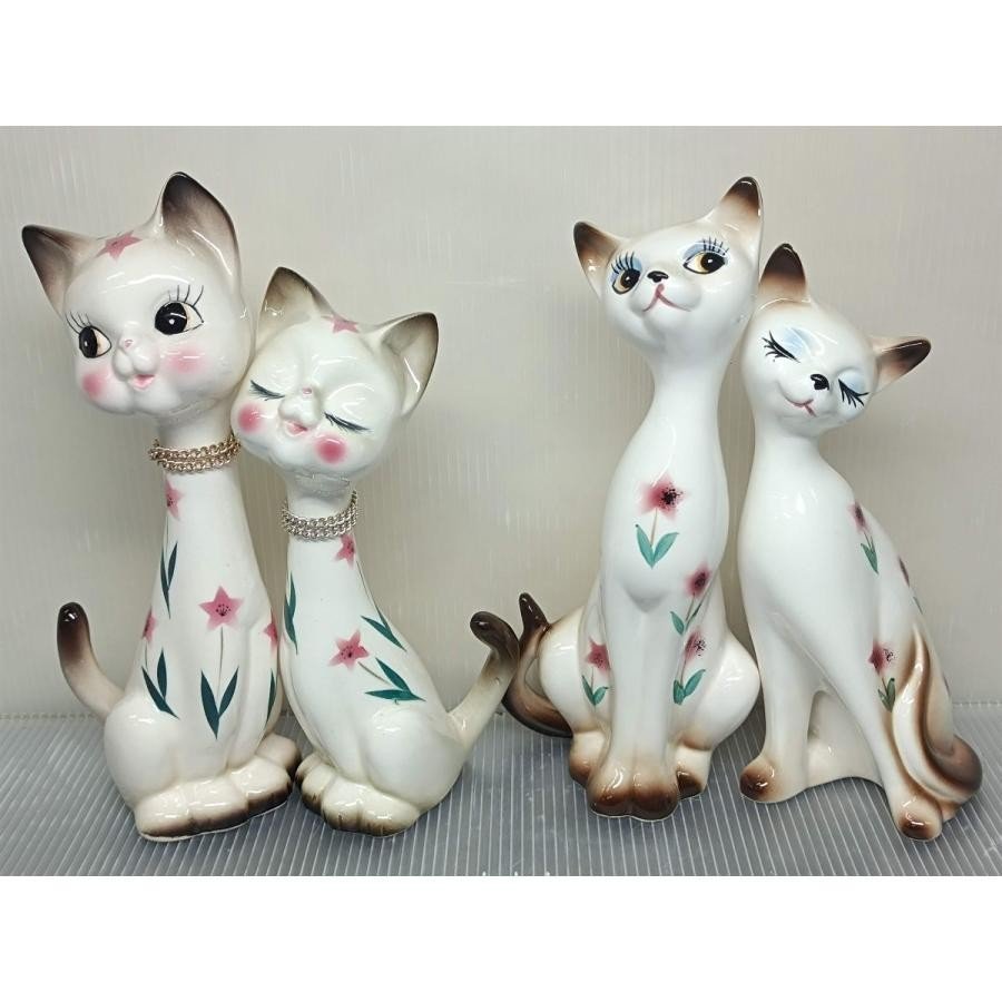ビンテージ 陶器 かわいい 花柄 ネコの人形置物 4体セット_画像1