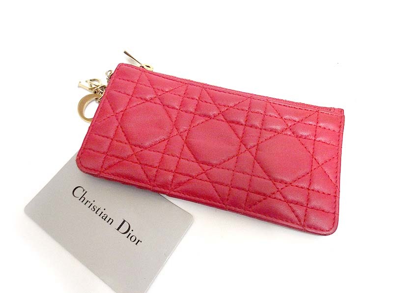 中古品 Lady Dior レディ ディオール カナージュ ジップカードホルダー ラムスキン 財布 カードケース 名刺入れ_画像1