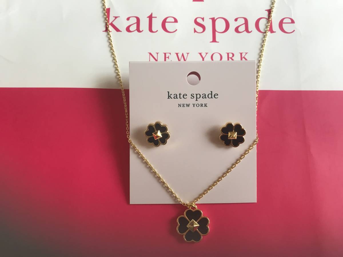  Kate Spade kate spade black Gold Spade four . leaf clover necklace . earrings 2 point set new goods unused 