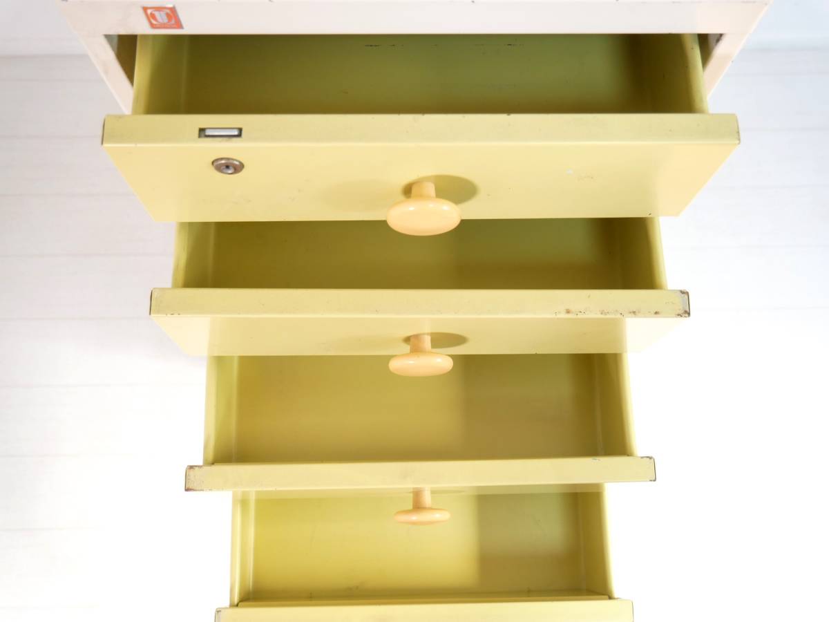 #UCHIDAuchida* Showa Retro 7 уровень выдвижной ящик steel шкаф [ желтый ]#