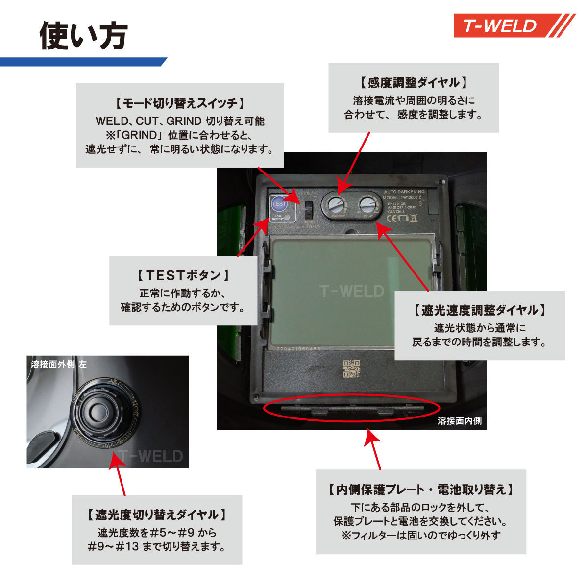 液晶 自動遮光溶接面 高級 本色タイプ TOAN-12000黒　( 高級パネル 4センサー 超特大視野 軽量 ) ヘッドバンド付き 1本単価_画像4