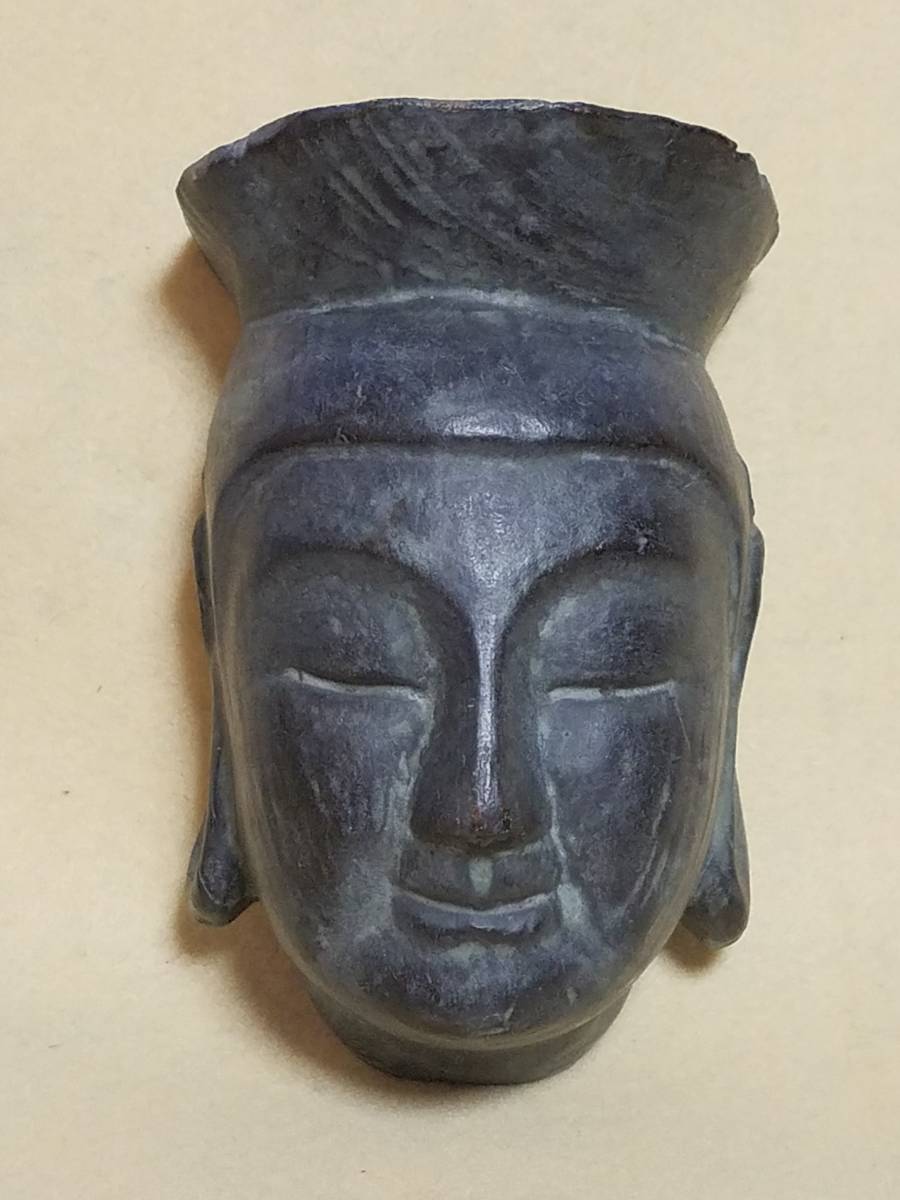 仏像　顔面　観音 顔 壁掛け 　焼き物 　アジア　インテリア　青銅の様な色合い　_画像1