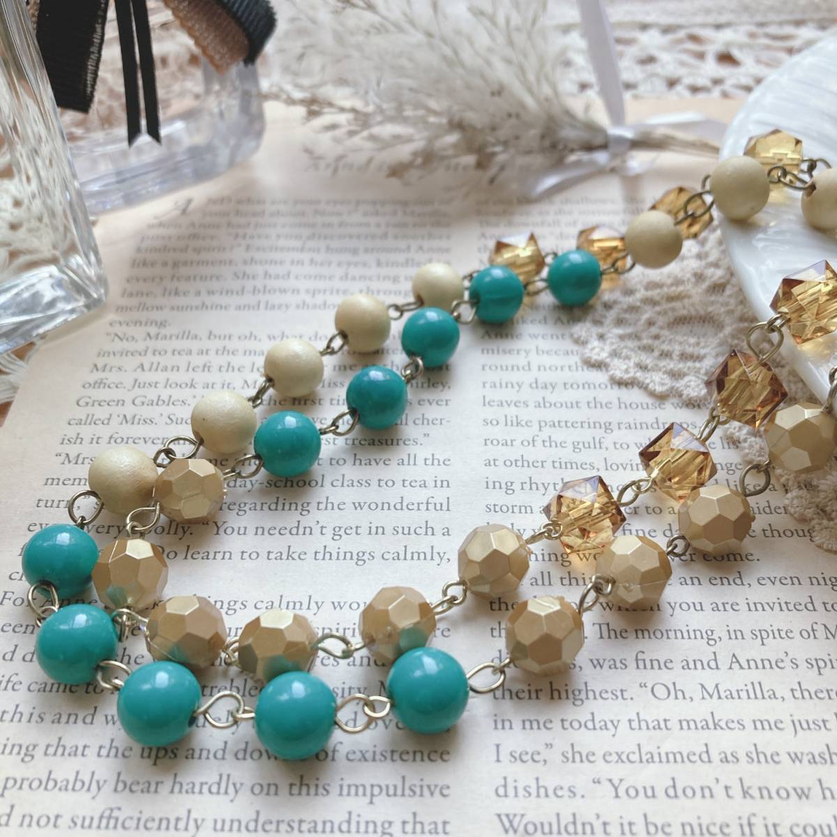  wood beads long necklace turquoise Brown Gold natural *vintage jewelry accessories 0983