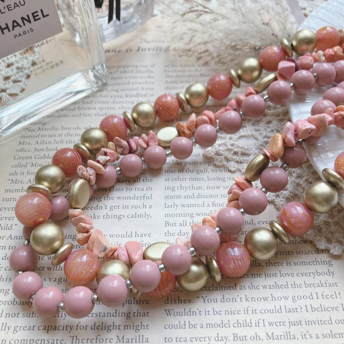  natural stone necklace 3 ream ball necklace piling attaching manner smoky pink gold *vintage jewelry accessories A002