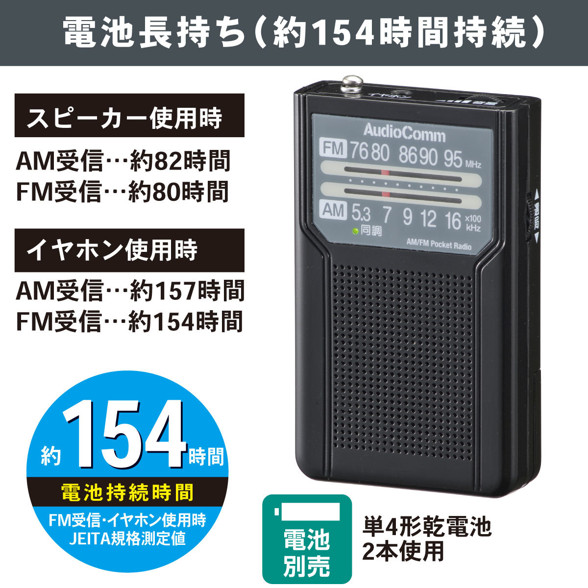 ラジオ AudioComm AM/FMポケットラジオ 電池長持ちタイプ ブラック｜RAD-P136N-K 03-7272 オーム電機_画像4