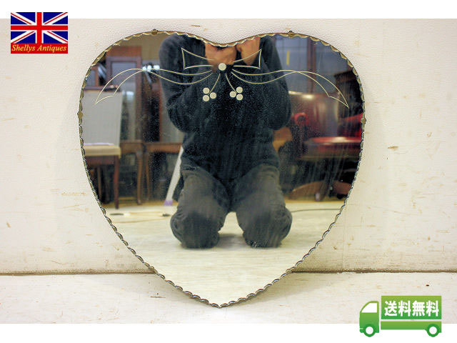 mr-4　1950年代 イギリス アンティーク アールデコ ハート ウォールミラー 壁掛け鏡 Heart かわいい 店舗什器 小物雑貨 レトロ 送料無料