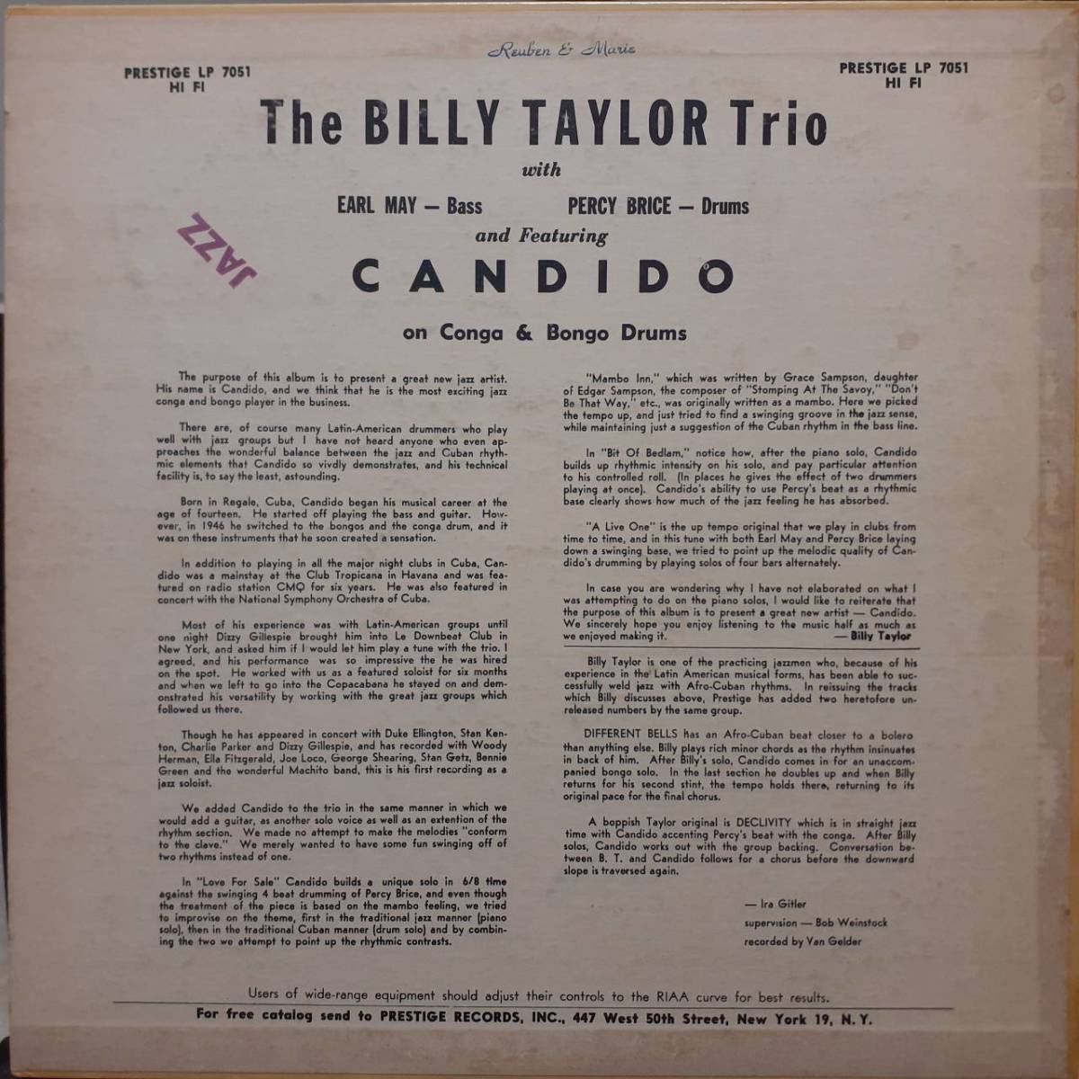 美盤！米PRESTIGEオリジLP！手書きRVG深溝 黄NYCラベル！Billy Taylor Trio With Candido 1956年 PRLP 7051 初期プレス！Rudy Van Gelder_画像3