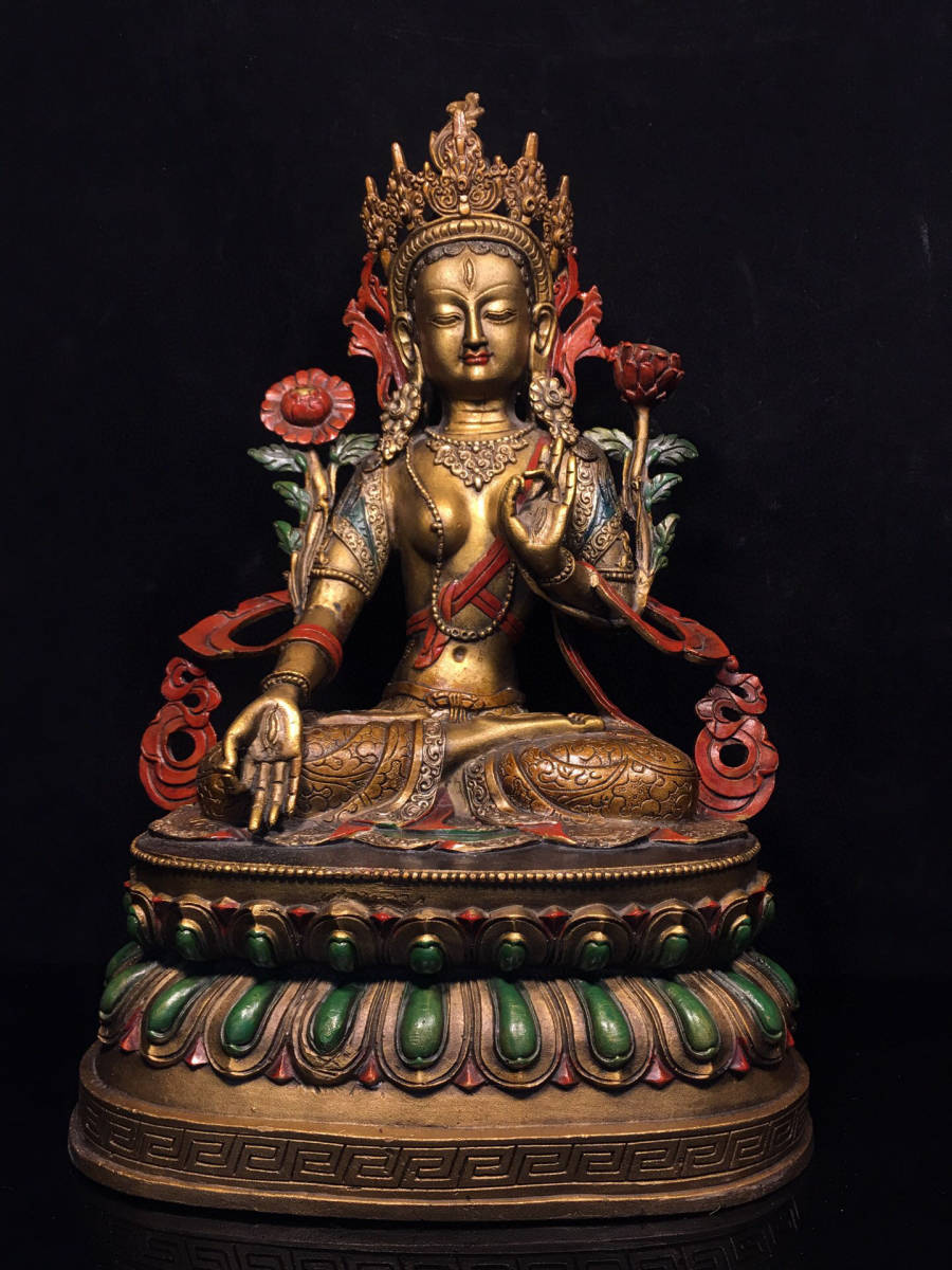 古寶奇蔵】銅製・金鍍・彩繪・白度母像・置物・賞物・中国時代美術-