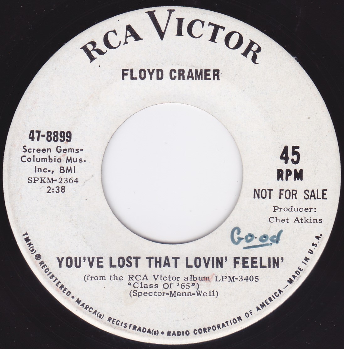 ■中古品■Floyd Cramer フロイド・クレイマー/you've lost that lovin' feelin' +1(USED 7 INCH SINGLE) プロモ盤_画像2