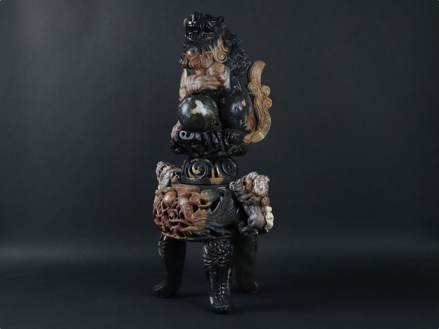 中国古玩 寿山石 彫刻 獅子蓋龍彫三足大香炉 高75cm 重37kg 置物 香