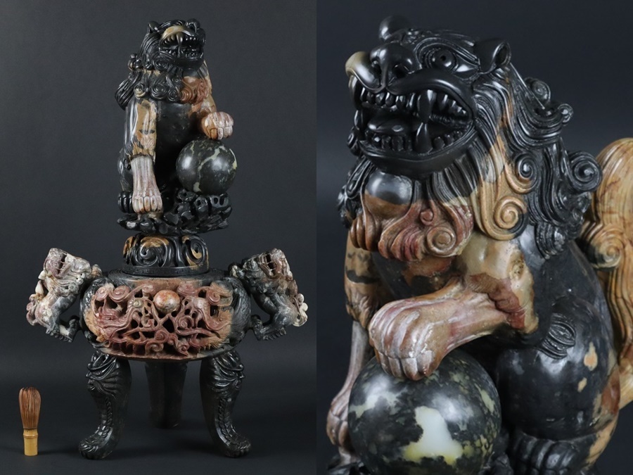 中国古玩寿山石彫刻獅子蓋龍彫三足大香炉高75cm 重37kg 置物香道具