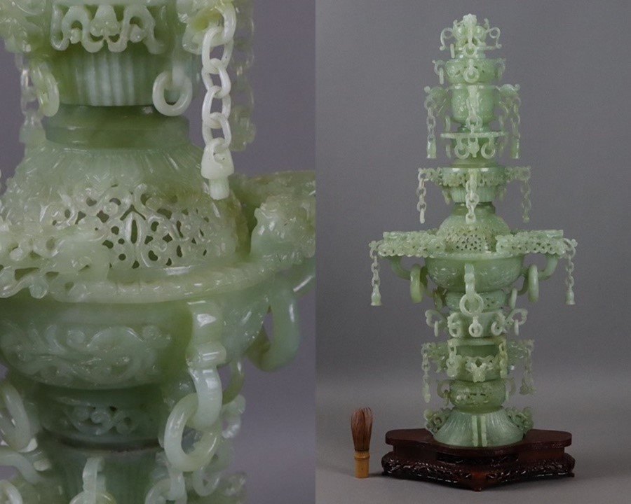 中国古玩翡翠玉石彫刻龍彫遊環付香炉台付置物高75cm 天然石鑑賞石飾物