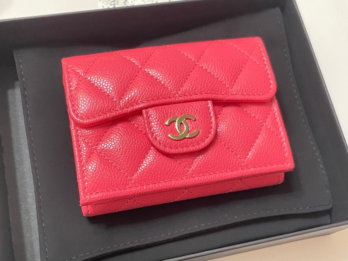 正規品　CHANEL シャネル　三つ折り財布　ミニ財布　ピンク　ココマーク　キャビアスキン　新品　未使用　限定　完売品　ウォレット