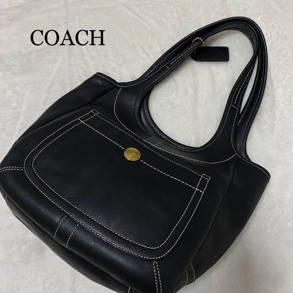 【10-106】COACH コーチ レザー 本革 ハンドバッグ トートバッグ ロゴキーチェーン ステッチデザイン 裏地マルチカラー 黒 ブラック 金色系_画像1