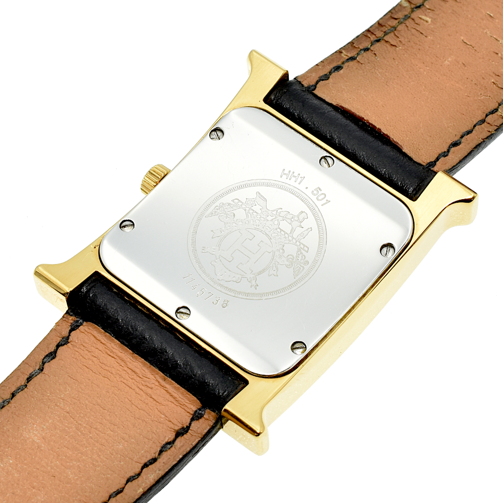 HERMES エルメス HH1.501 Hウォッチスクエア ゴールド文字盤 QZ クォーツ メンズ腕時計 ゴールド×ブラック