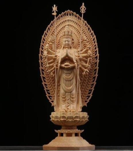 ☆ 仏教美術 精密彫刻 仏像 手彫り 八角台座 桧木製 千手観音菩薩 高さ