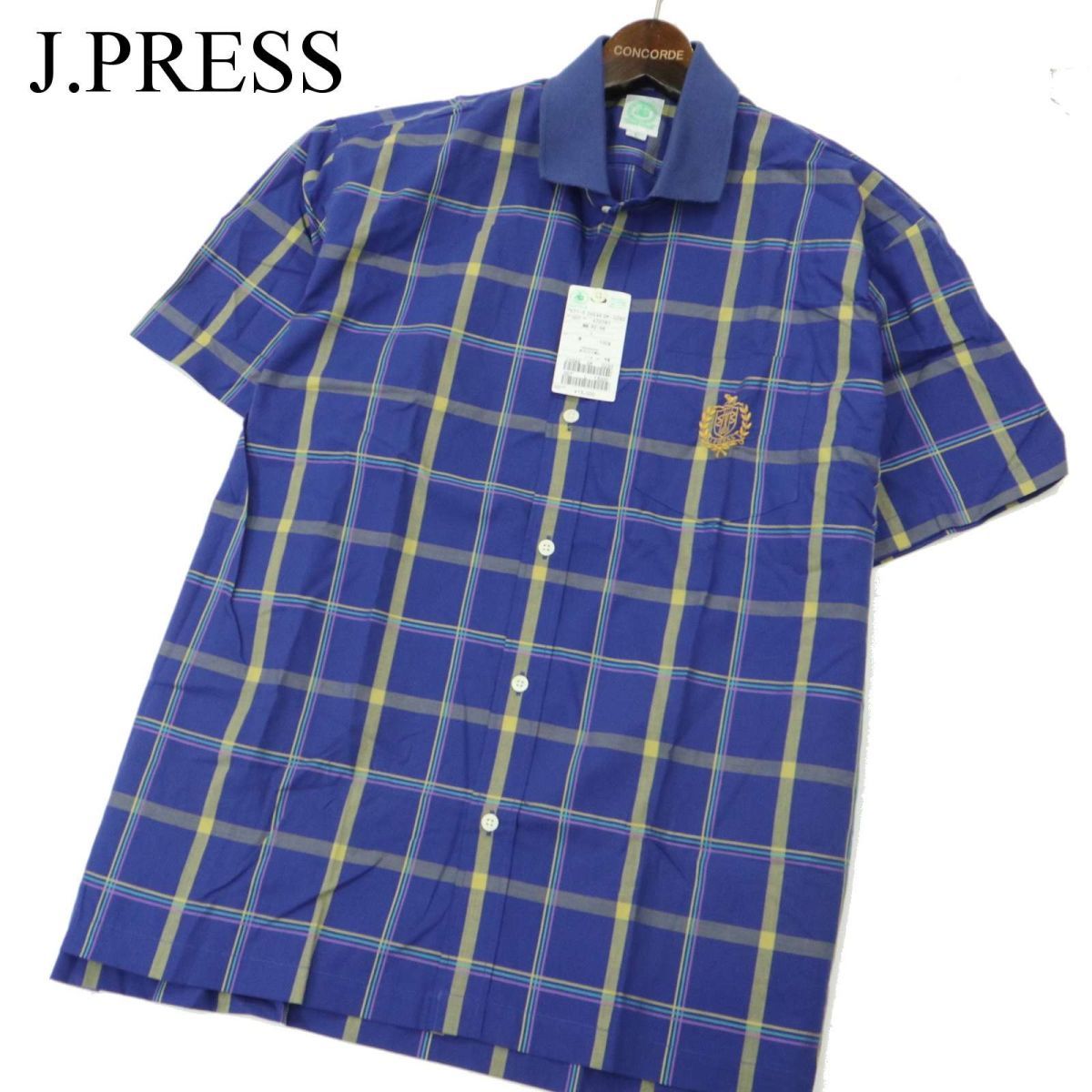 【新品 未使用】 J.PRESS GOLF CLUB ジェイプレス ゴルフ クラブ 春夏 ロゴ刺繍 半袖 チェック シャツ Sz.L　メンズ　A3T04498_4#A_画像1