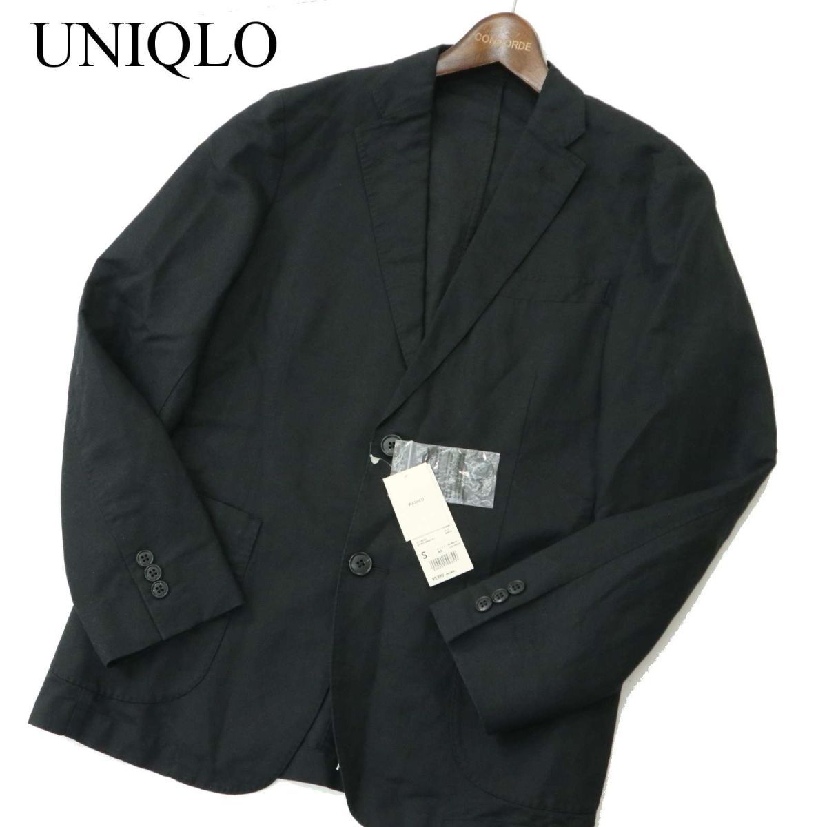 【新品 未使用】 UNIQLO ユニクロ 春夏 麻 リネン コットン テーラード ジャケット Sz.S　メンズ 黒　A3T05284_5#M_画像1