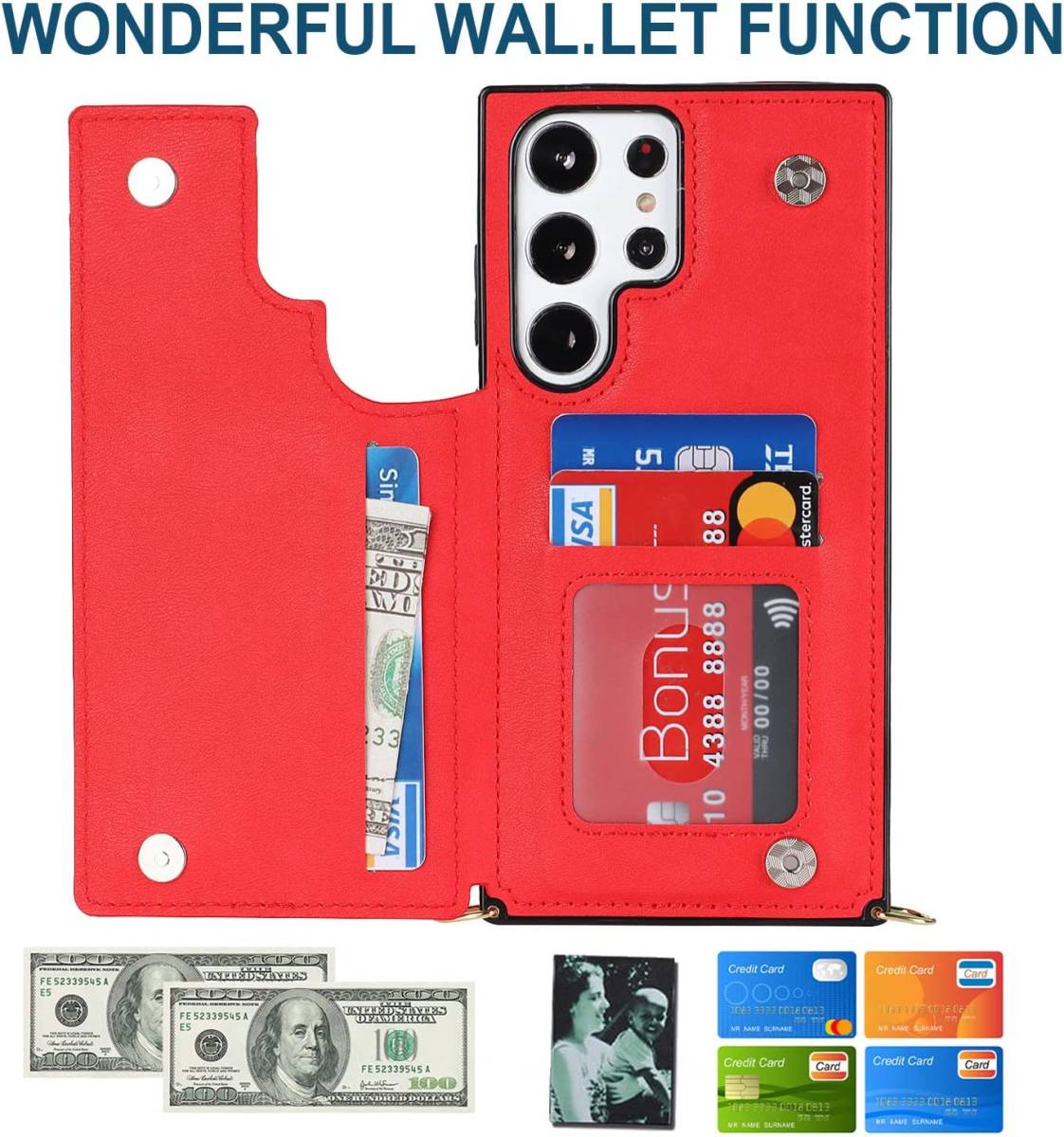 レッド RFID機能 手帳型 上質 PUレザー 肩 首 斜め ショルダー 取り外し可 Galaxy S23 Ultra 財布型 スタンド カード収納 ケース カバー_画像5