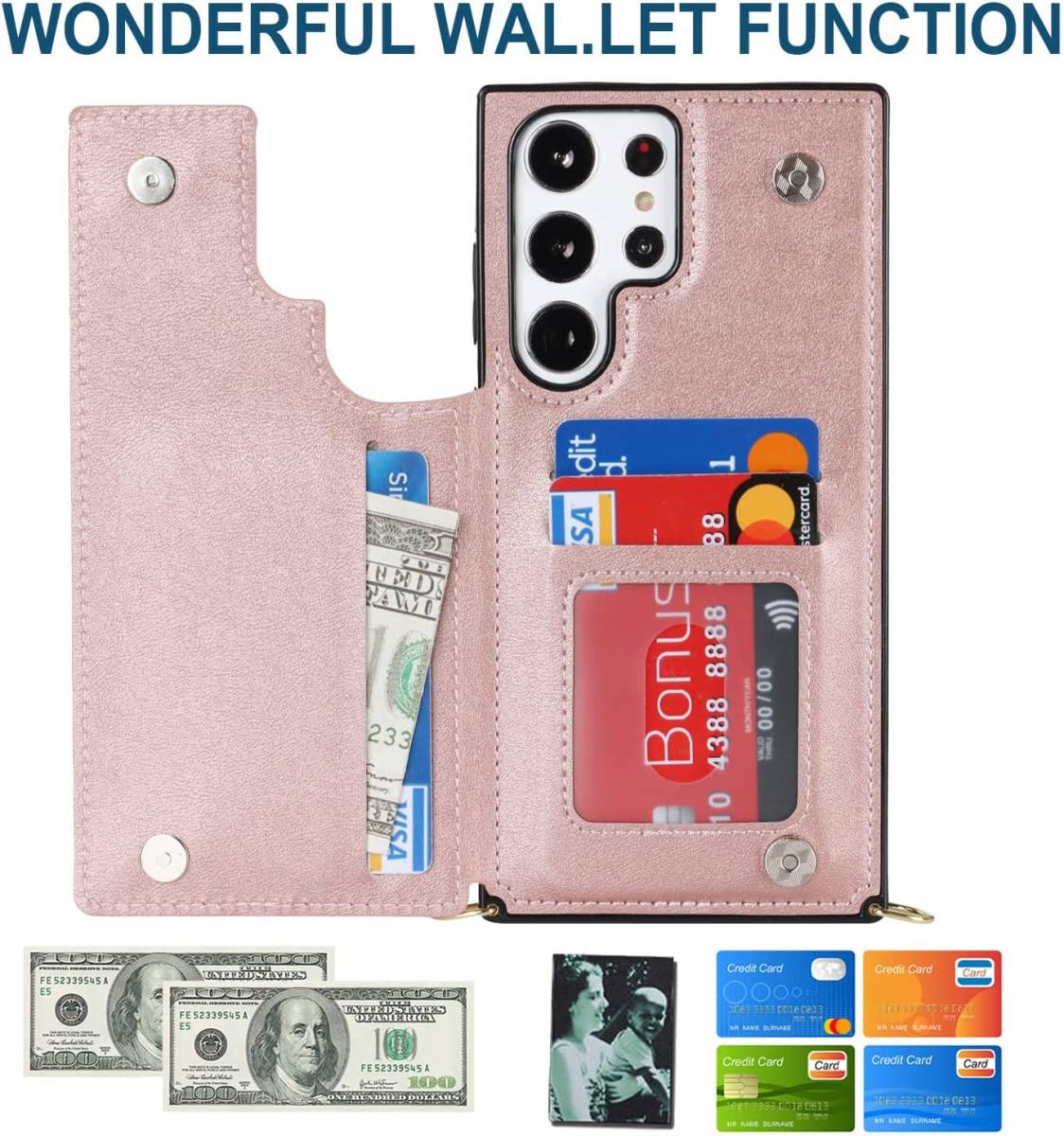 ピンク RFID機能 手帳型 上質 PUレザー 肩 首 斜め ショルダー 取り外し可 Galaxy S23 Ultra 財布型 スタンド カード収納 ケース カバー_画像5