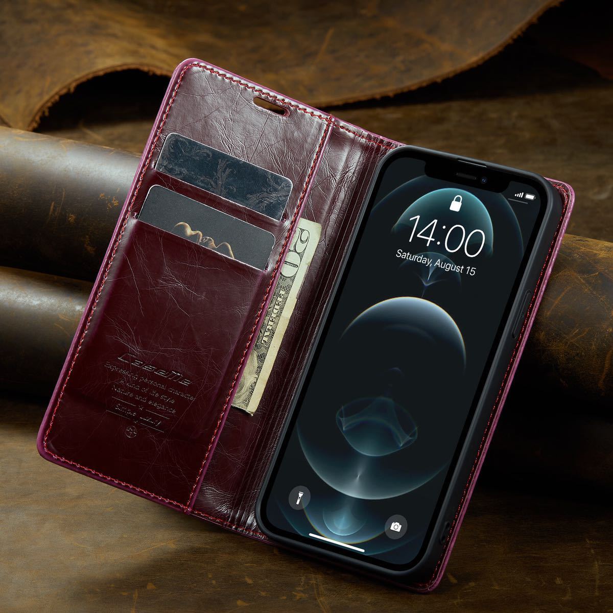 2020モデル iPhone12 pro max レザーケース アイフォン12 プロ マックス ケース 6.7インチ カード収納 手帳型 ワイン