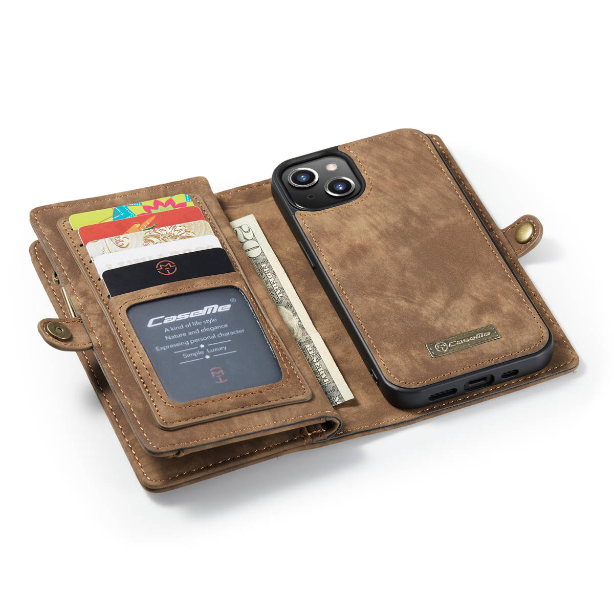iPhone 13 レザーケース iPhone13 ケース アイフォン13 カバー 手帳型 お財布付き カード収納 ファスナー付き 財布型 ブラウンの画像4