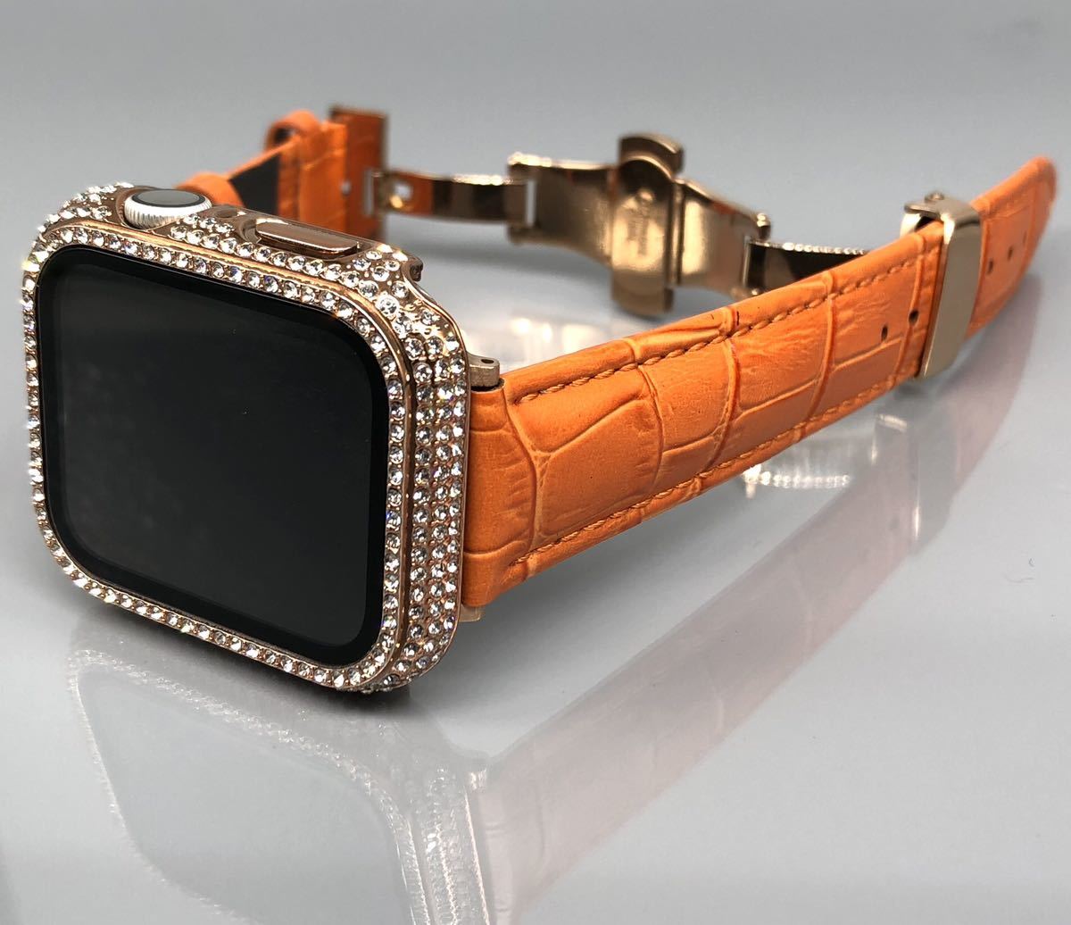 オレンジ rg アップルウォッチバンド 高級レザー 本革ベルト Apple Watch クロコダイル キラキラ　カバー　ケース 40mm 41mm 44mm 45mm