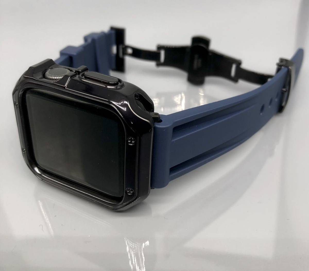 ネイビー ブラック アップルウォッチバンド ラバーベルト Apple Watch カバー ケース メンズ レディース 38mm 40mm 41mm 42mm 44mm 45mmの画像1