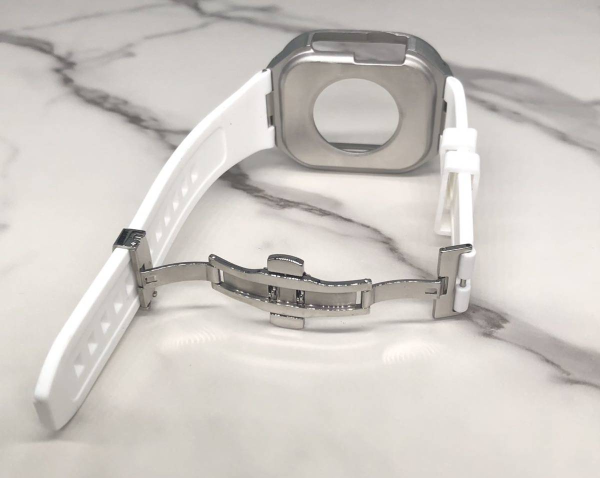 ホワイト★アップルウォッチバンド ラバーベルト カバー　ステンレス Apple Watch ケース 49mm ウルトラ　ultra メンズ レディース_画像3