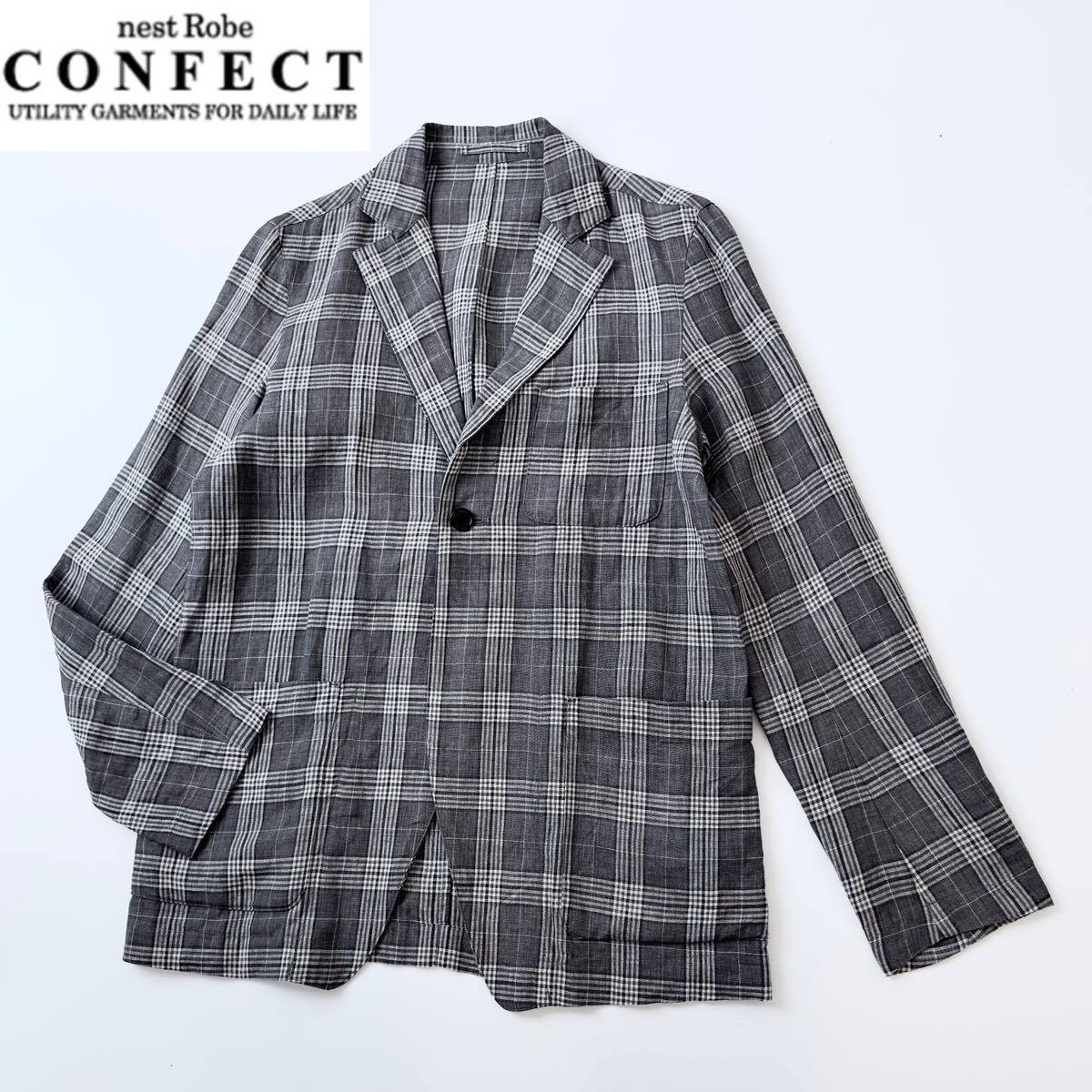 nest Robe CONFECT ネストローブコンフェクト リネンチェックジャケット グレー 3 M 替えボタン付 シャツジャケット アンコン 春夏