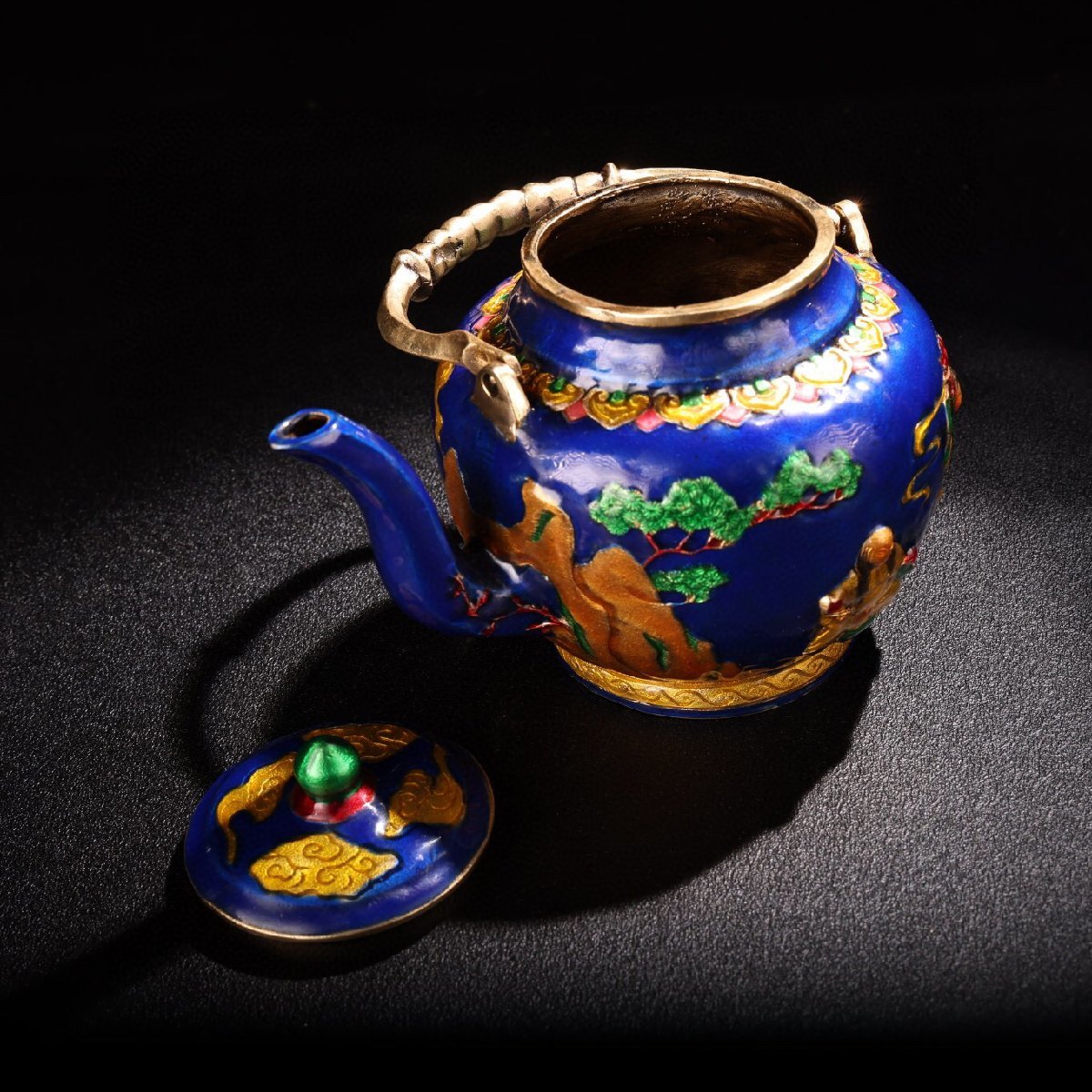 ◇古寳堂◇清 乾隆年製款 銅製 景泰藍 琺瑯彩 和合二仙紋 提梁茶壺