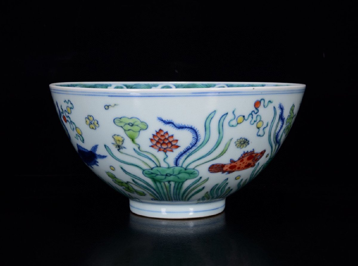 ◆古寳堂◆明 宣德年製款 斗彩 魚藻紋 供碗 古陶瓷品 極細工 古置物 古擺件 中国古美術 時代物 古董品