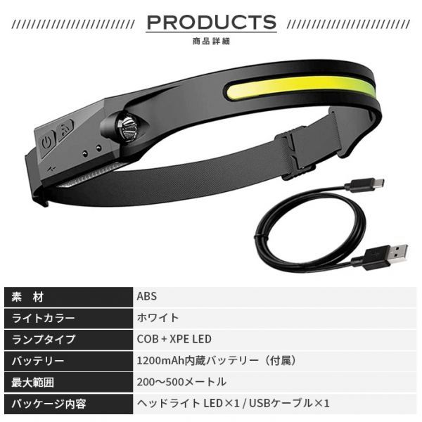 最新版 2個セット300ルーメン ヘッドライト ヘッドランプ USB充電式 230°広角照明 5種点灯モード IPX4防水 センサー機能_画像9