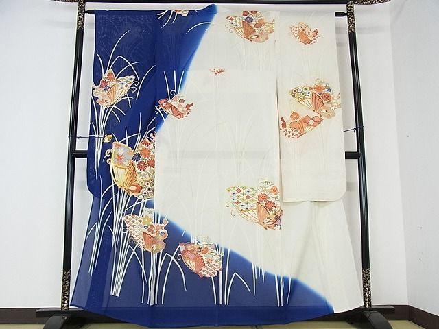 花美人□夏物 振袖 絽 駒刺繍 吉祥舞蝶花文 暈し染め 金彩 逸品 ps6464