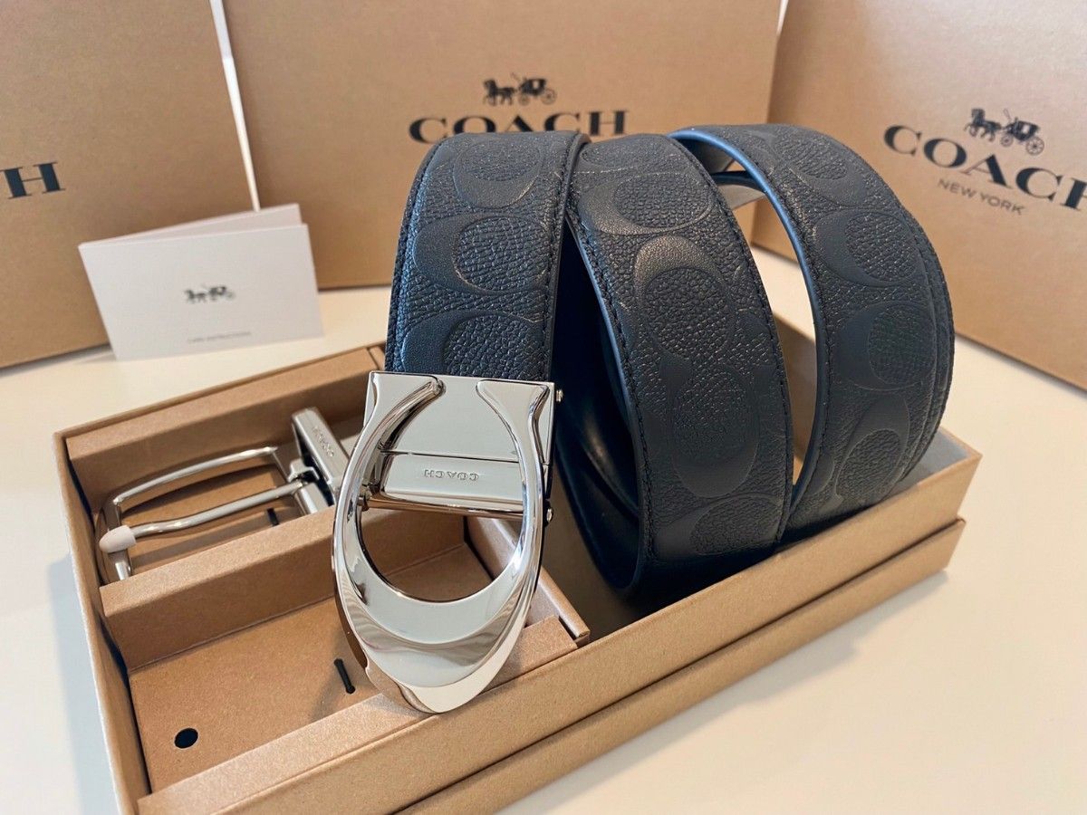 COACH コーチ 新品 リバーシブル シグネチャー シルバーバックル 回転