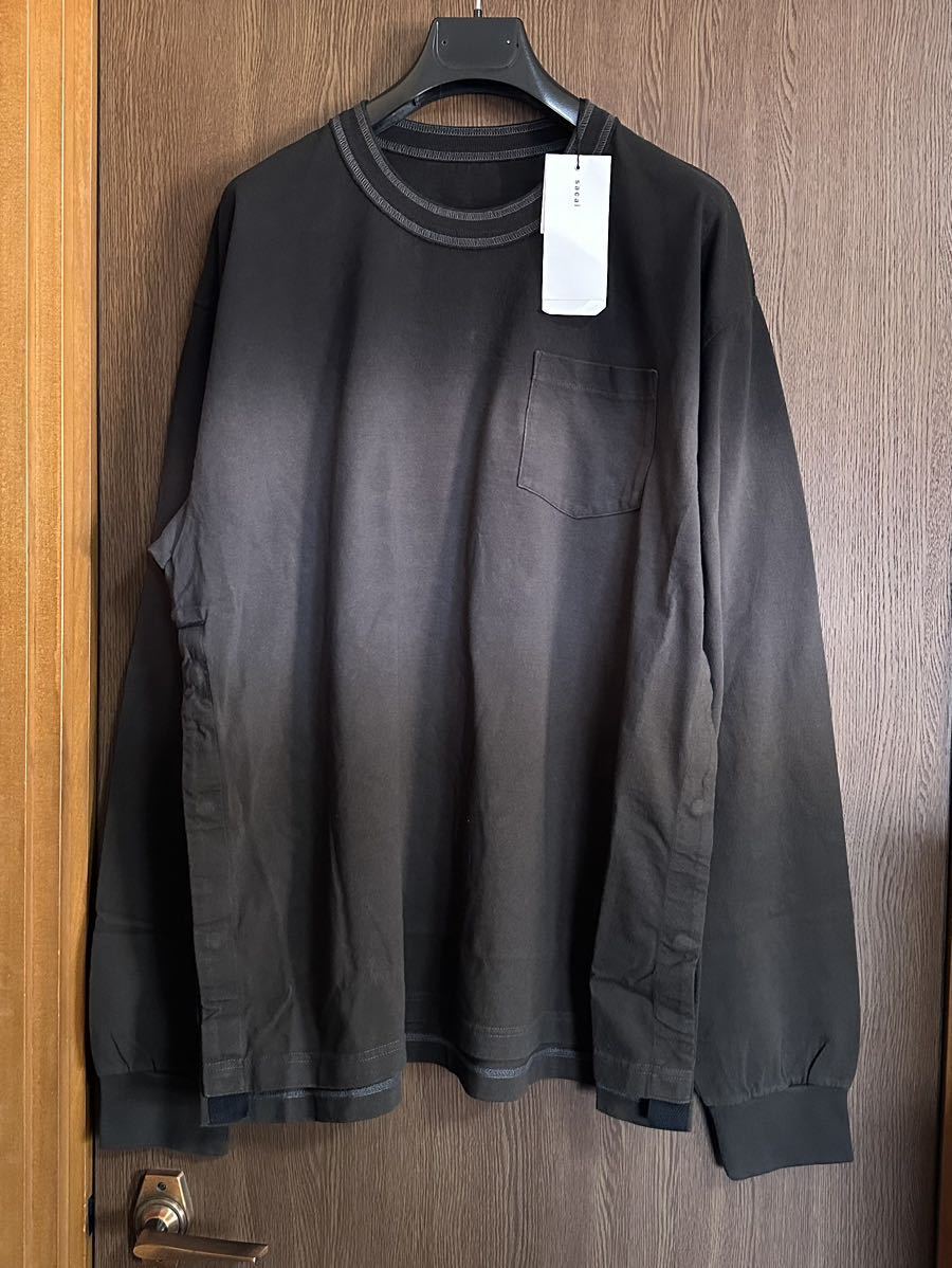 22AW新品4 sacai サカイ メンズ グラデーション ロング Tシャツ 長袖 size 4 XL スウェット コットンジャージー ロンT  ダークグレー カーキ