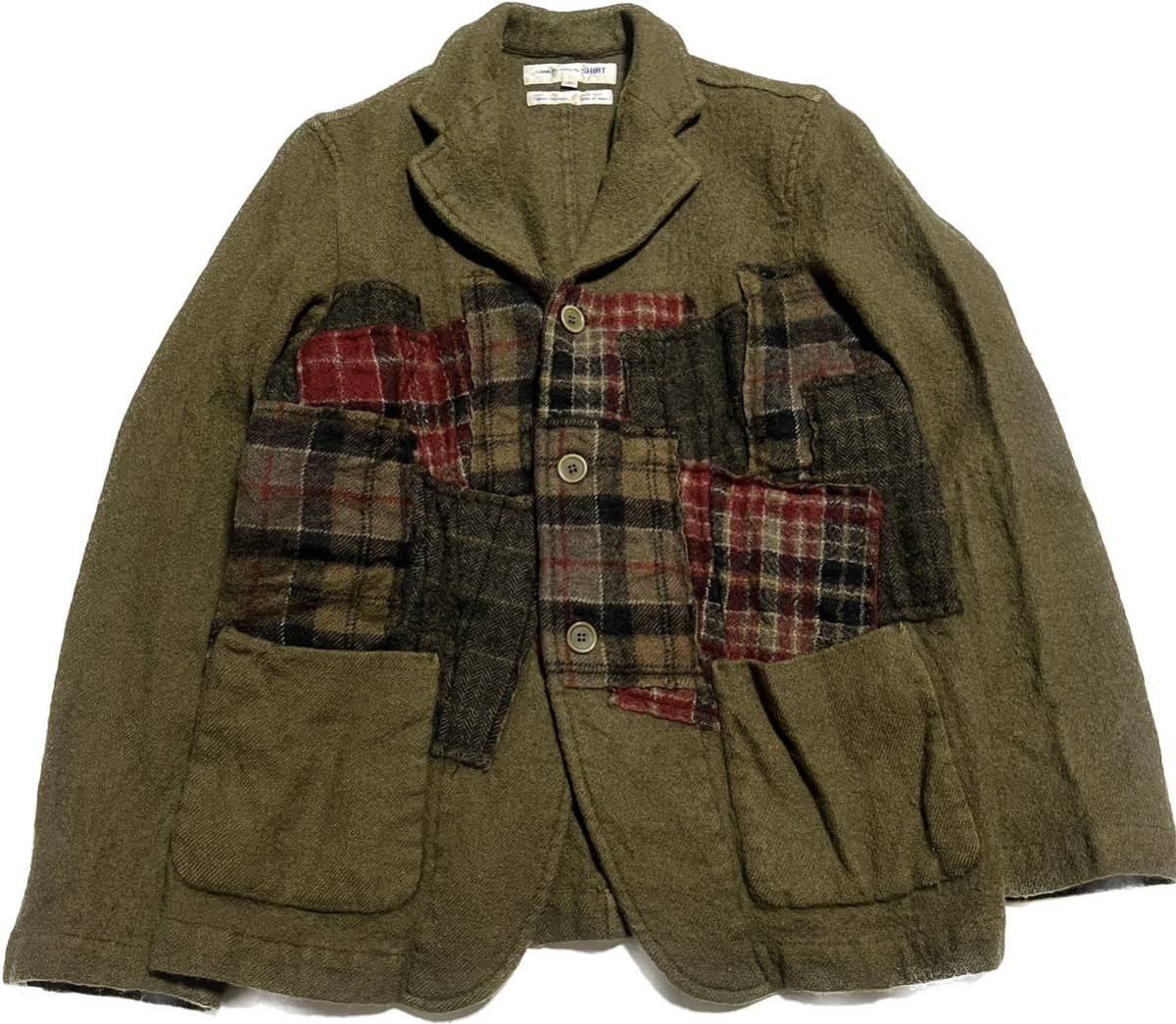 90's フランス制 COMME des GARCONS SHIRT ギャルソン シャツ ウール縮絨 パッチワークジャケット カーキ S