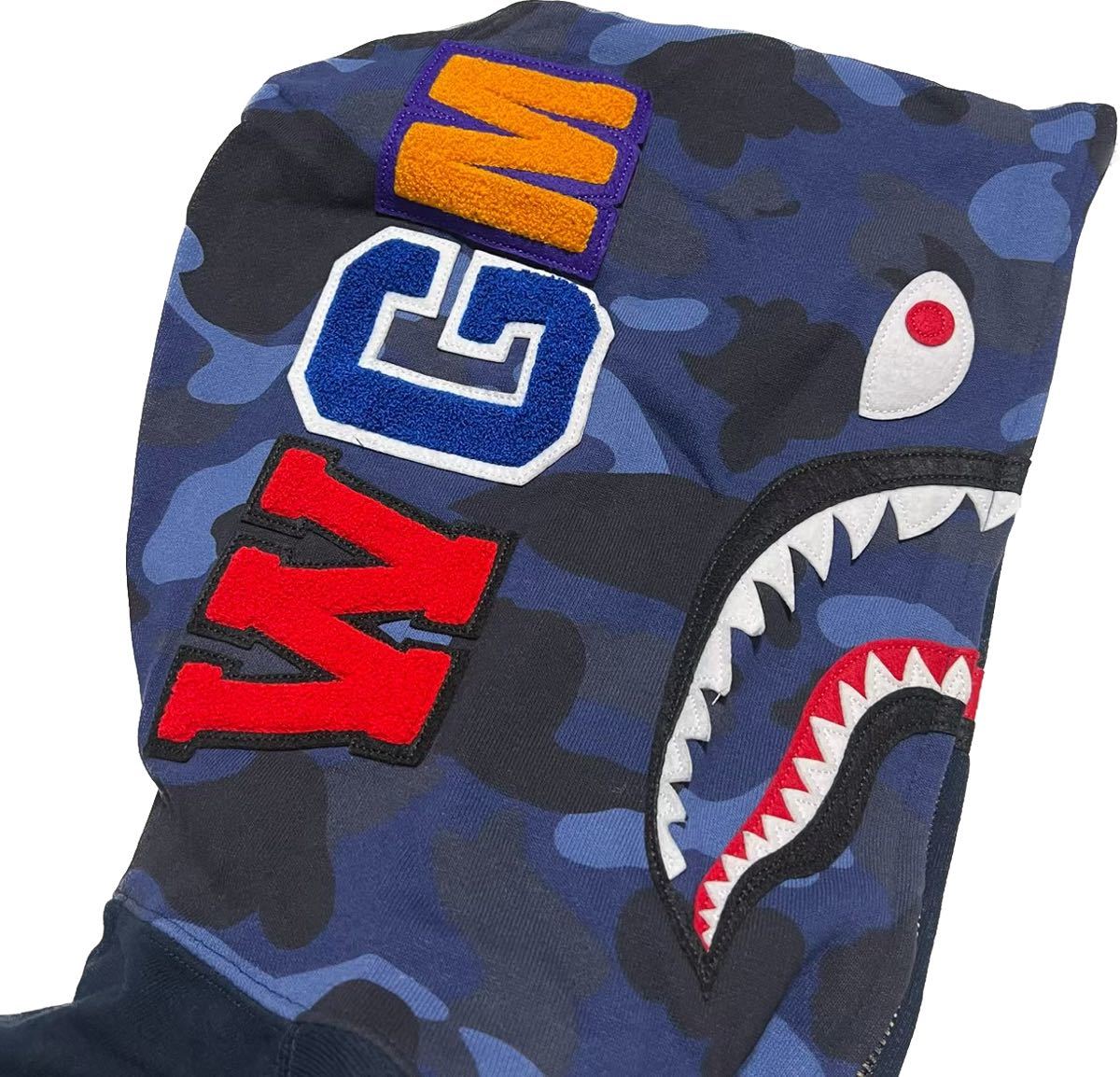 未使用品 BAPE A BATHING APE Shark Full Zip Hoodie NAVY /BLUE camo エイプ シャークパーカー 紺/青迷彩 XL_画像6